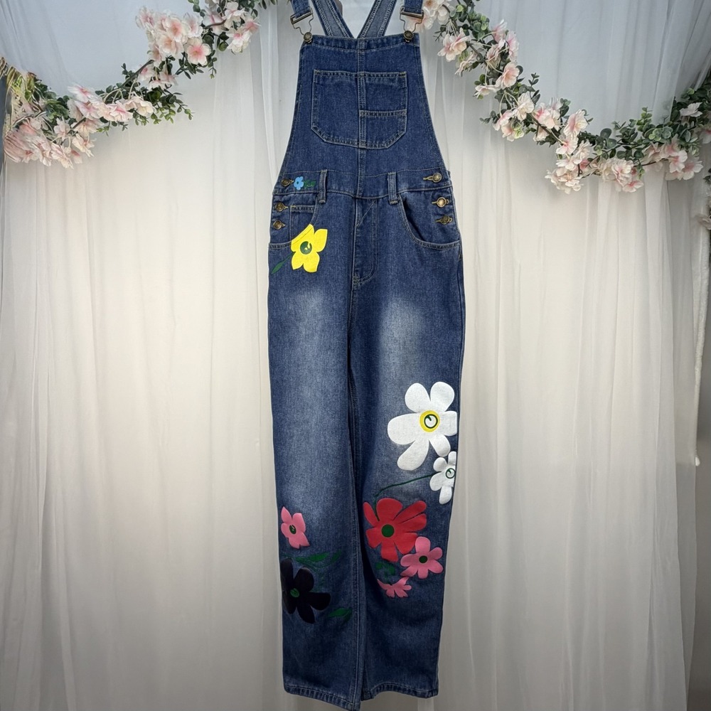 Misslook Painted Flower Hippie Boho Denim Bibs Overalls Jean Straight Leg M
